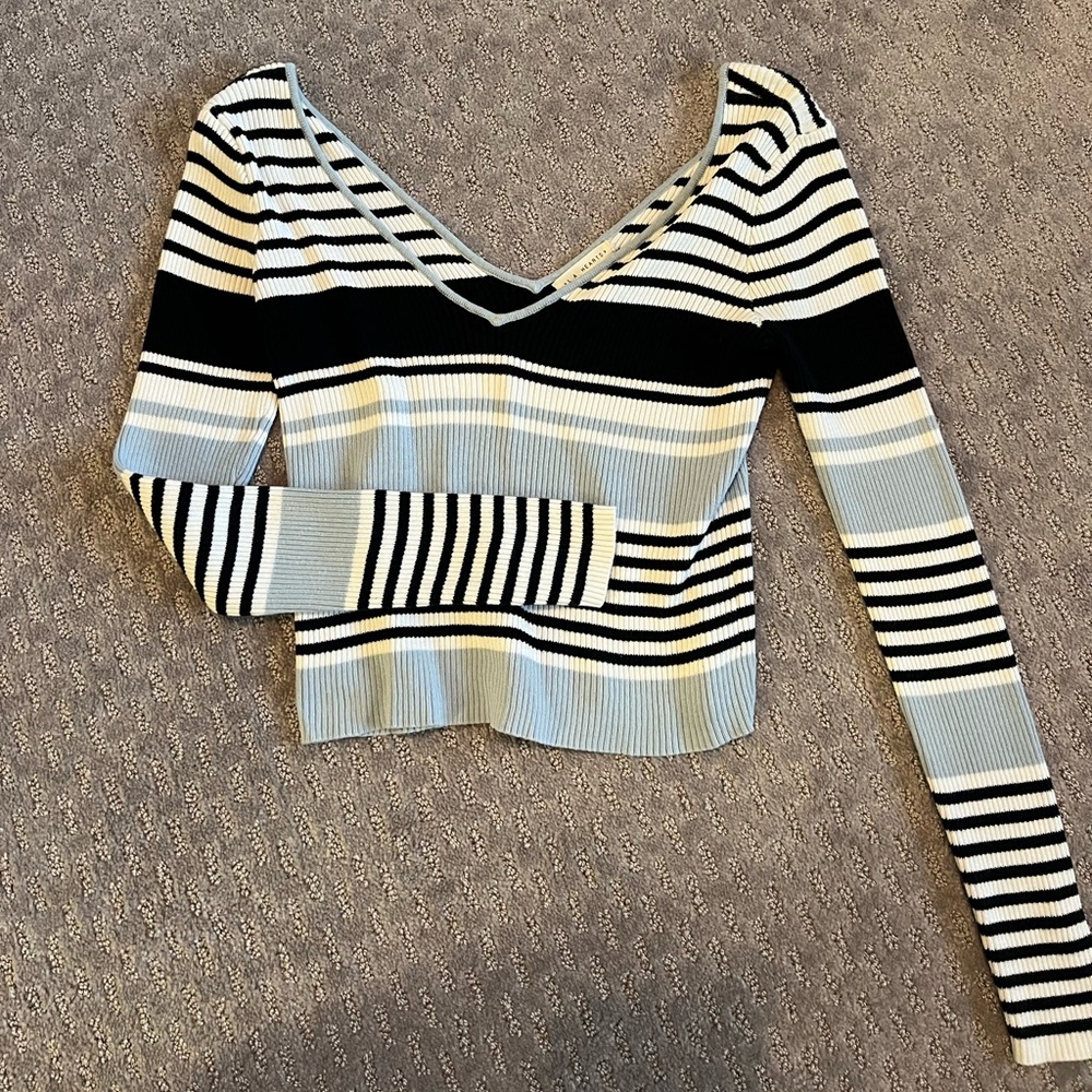 La Hearts Black and White Striped V-Neck Top